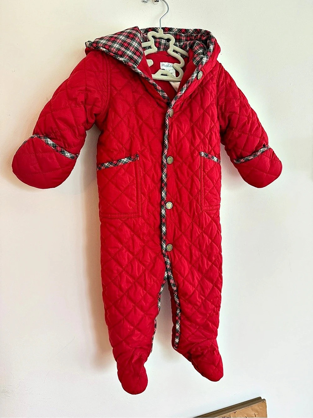 Ralph Lauren Baby Quilted Plaid-Trim Bunting Snowsuit Red & Black 9M